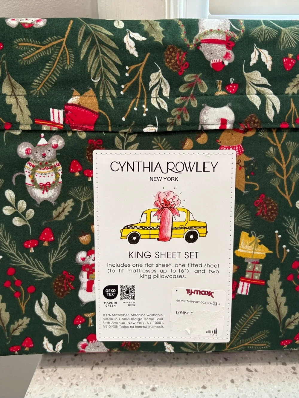 NEW Cynthia Rowley Christmas Mouse Holly Leaves Green Holiday King Sheet Set